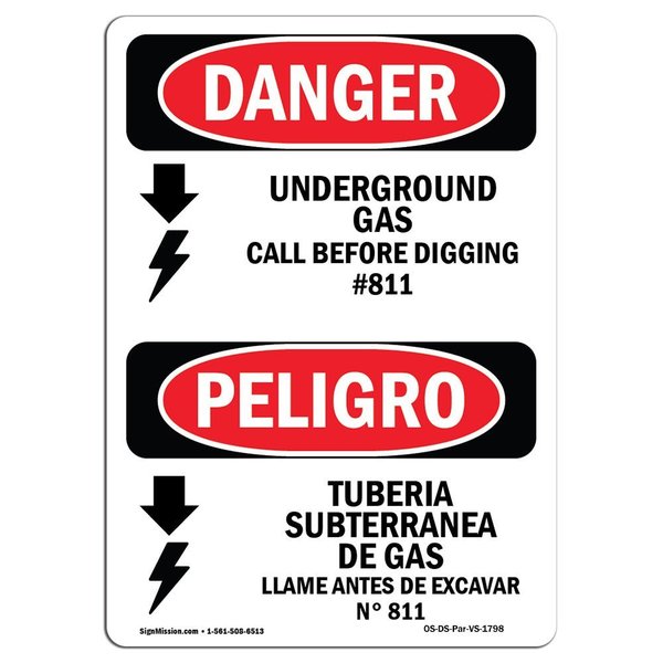 Signmission OSHA Sign, 14" Height Rigid Plastic, Underground Gas Call #811 Spanish, 1014-VS-1798 OS-DS-P-1014-VS-1798